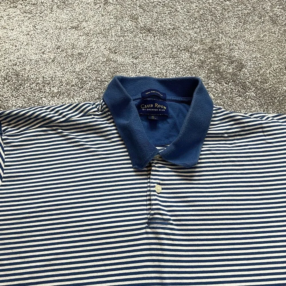 Club Room by Charter Club Polo Shirt Mens XL Blue Striped Pima Cotton Collared